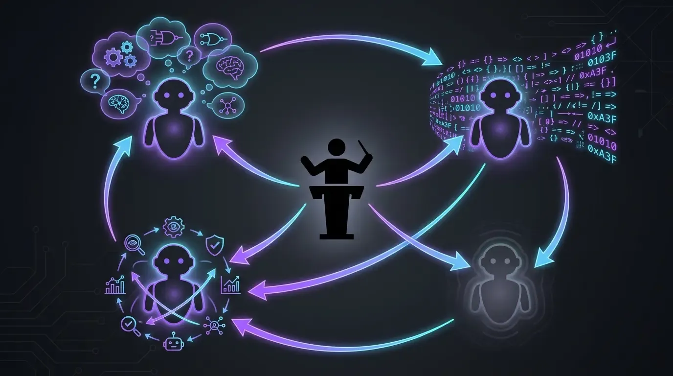 Conceptual diagram: a human orchestrator surrounded by four AI agents distinguished by their role, connected by coordination arrows