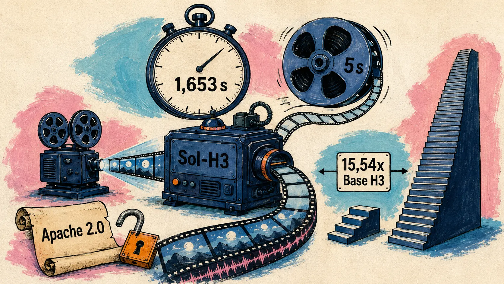 Sol-H3 génère la vidéo plus vite que sa lecture, CMS Manhattan vise le processeur, un corpus horodate 106 892 bruits en 58 langues